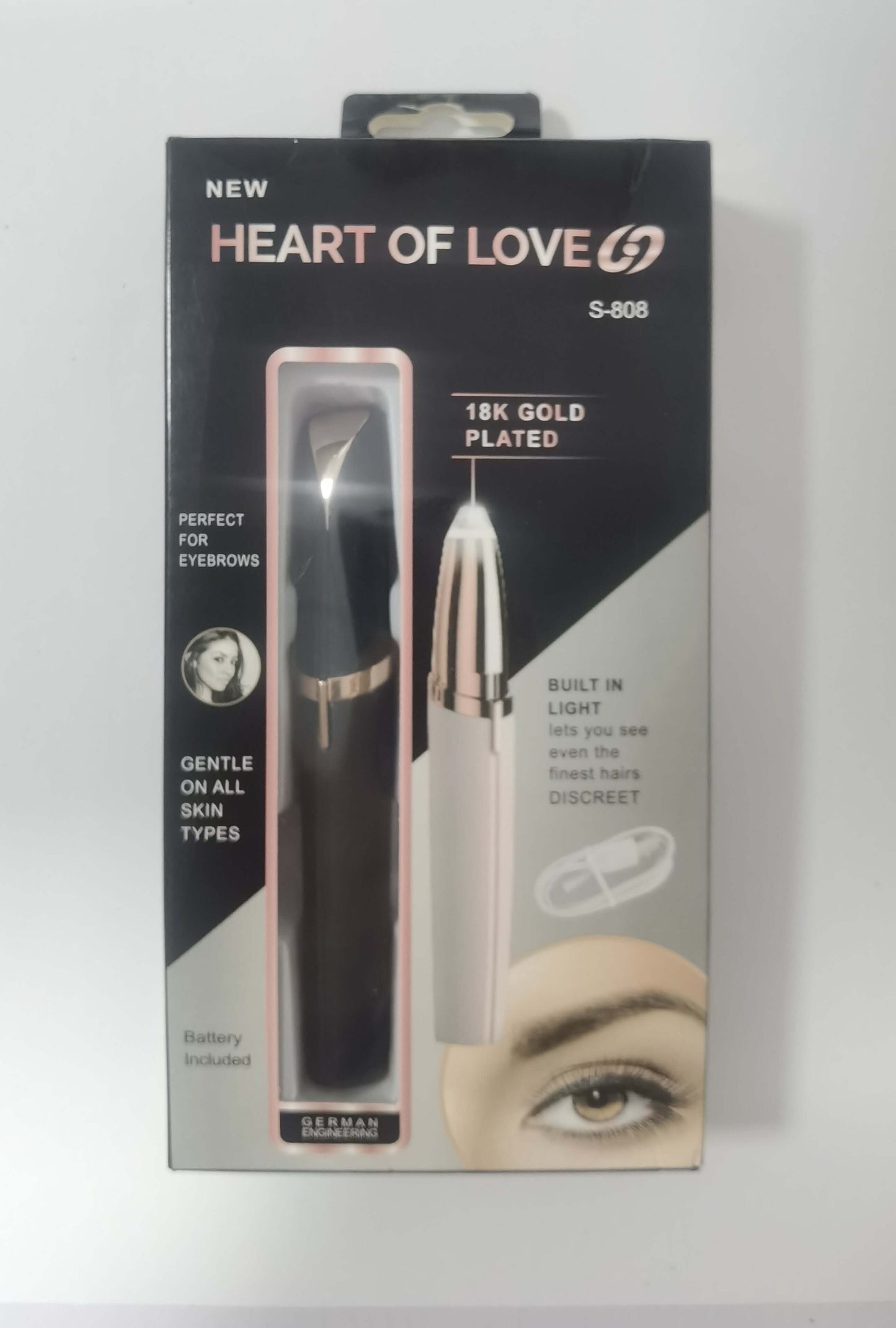 LED eyebrow trimmer with 18K gold-plated head for painless shaping
