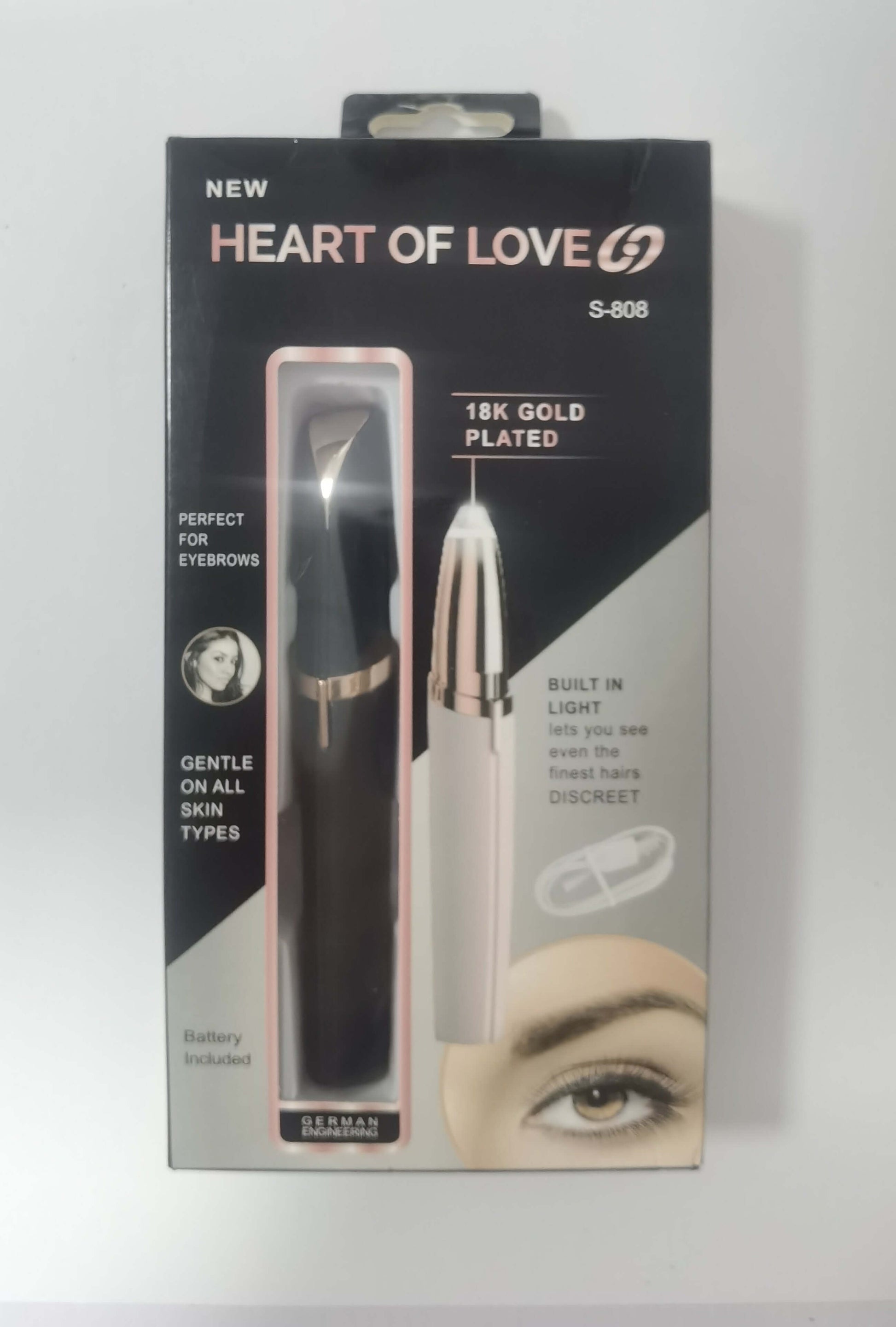 LED eyebrow trimmer with 18K gold-plated head for painless shaping