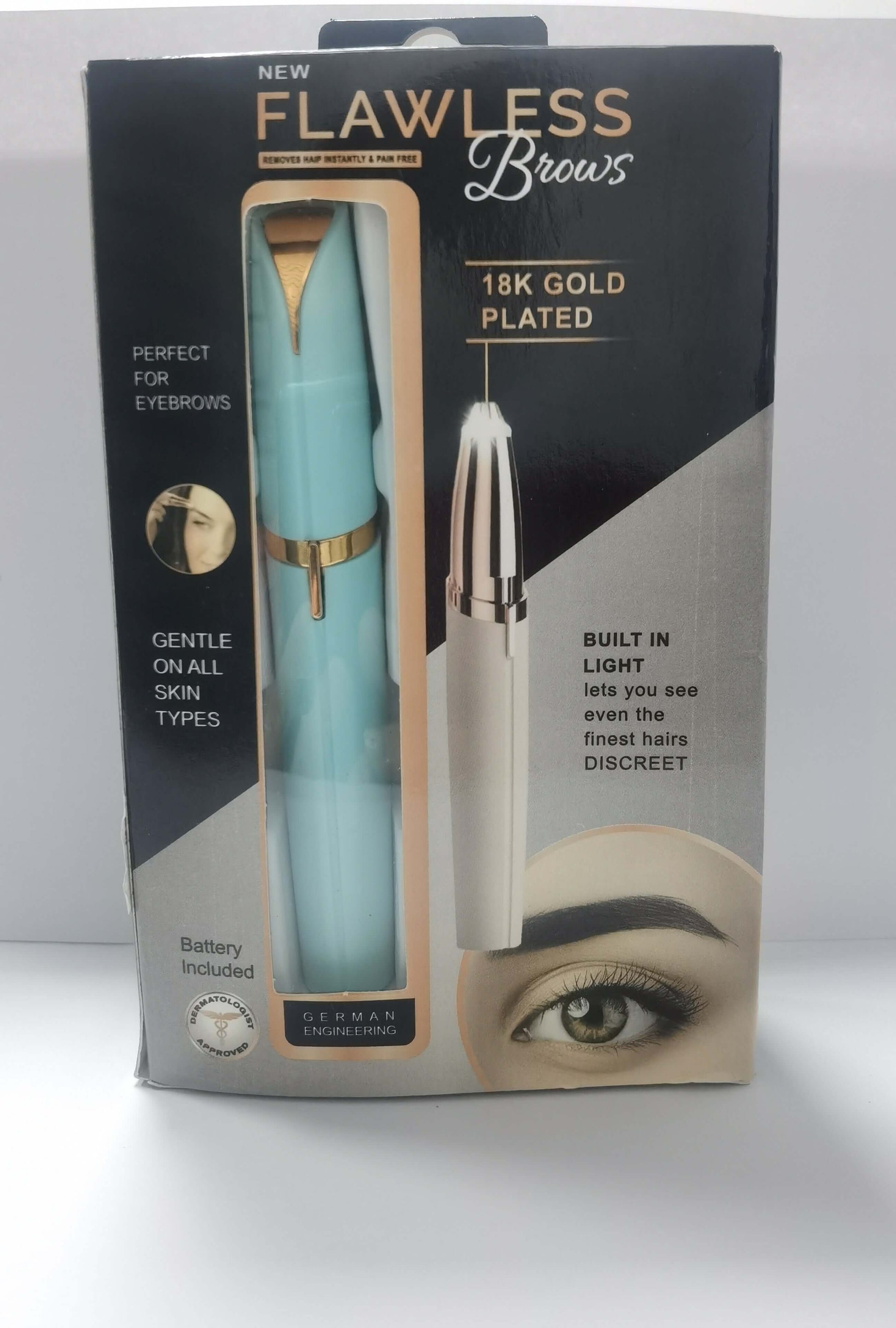 LED eyebrow trimmer with 18K gold-plated head for painless shaping