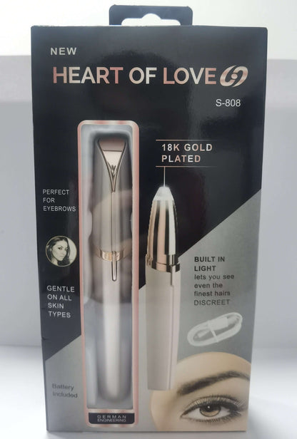 LED eyebrow trimmer with 18K gold-plated head for painless shaping